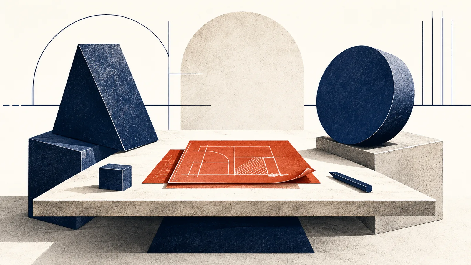 Ilustração editorial: duas figuras abstratas frente a uma mesa de negociação