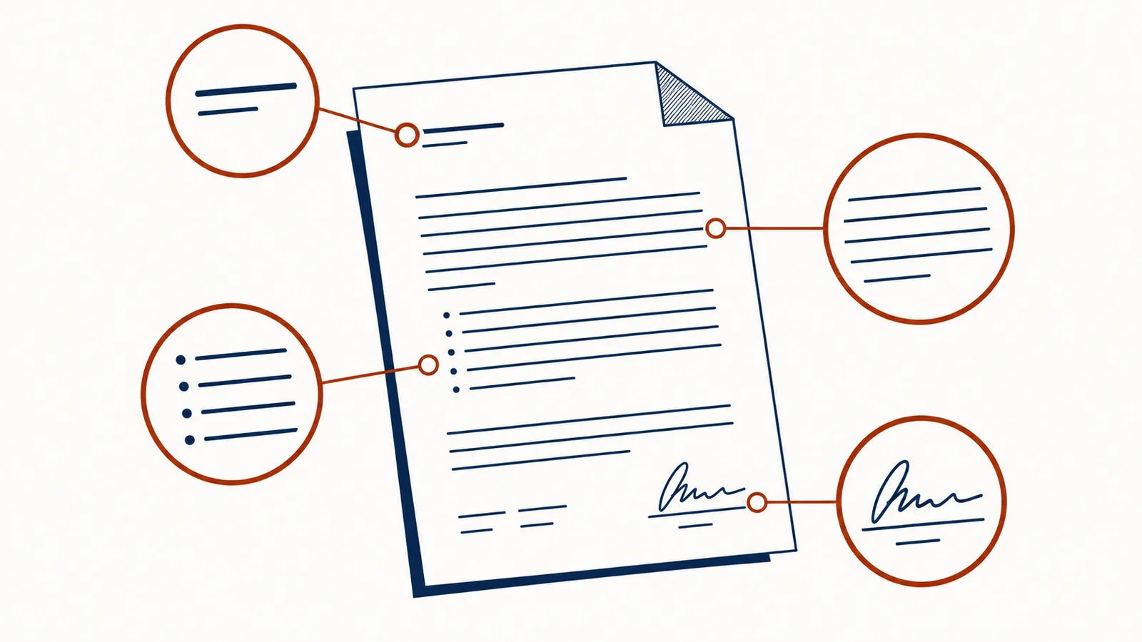Ilustração editorial: documento contratual com lupas destacando regiões críticas