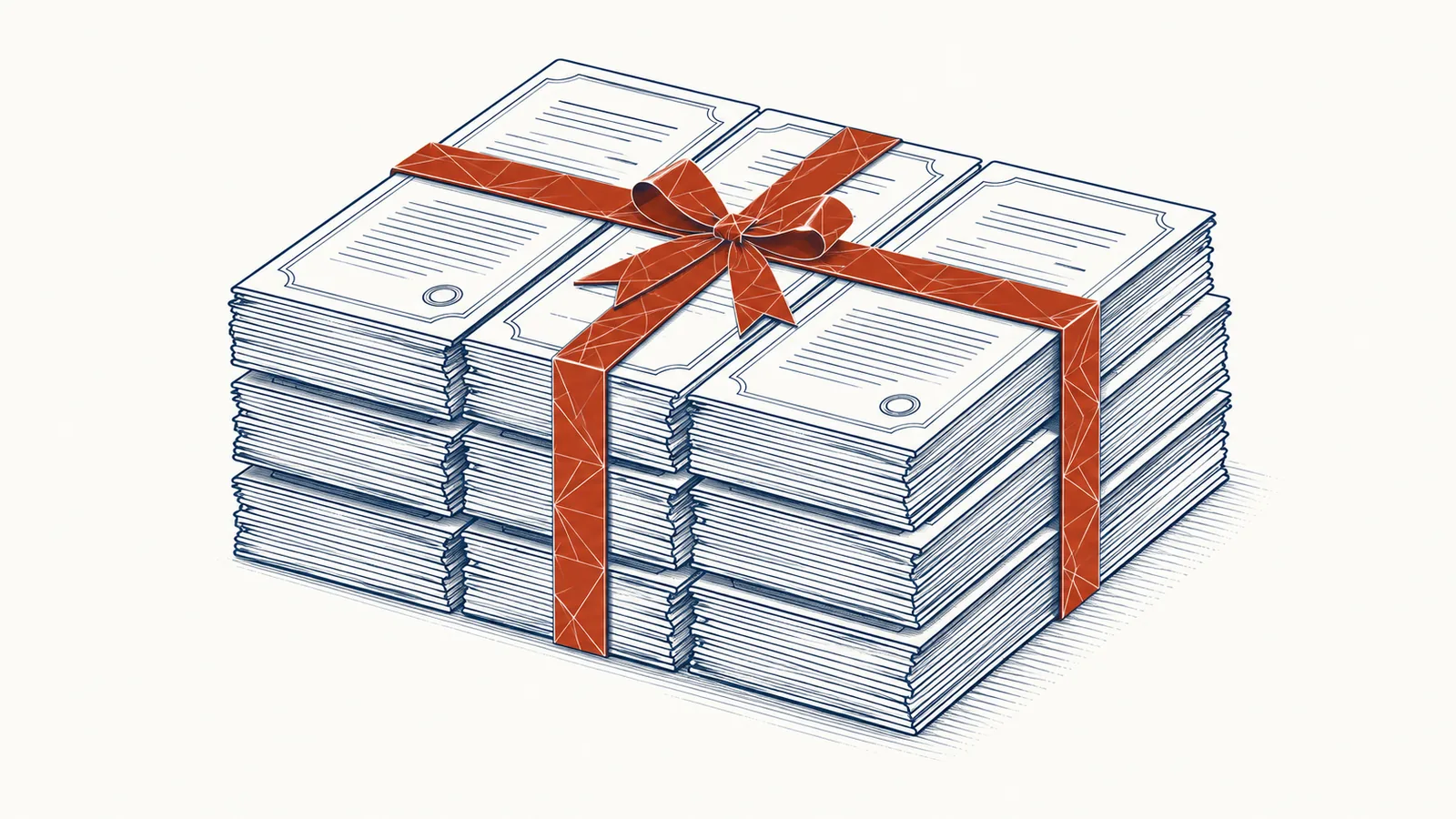 Ilustração editorial: documentos formais empilhados e atados com fita — biblioteca de contratos